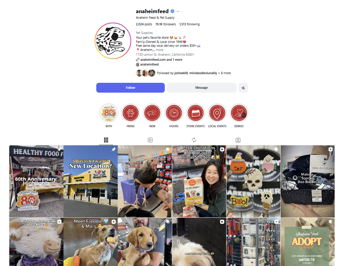 Anaheim Feed & Pet Supply Instagram profile with 19.1K followers and a grid of store posts